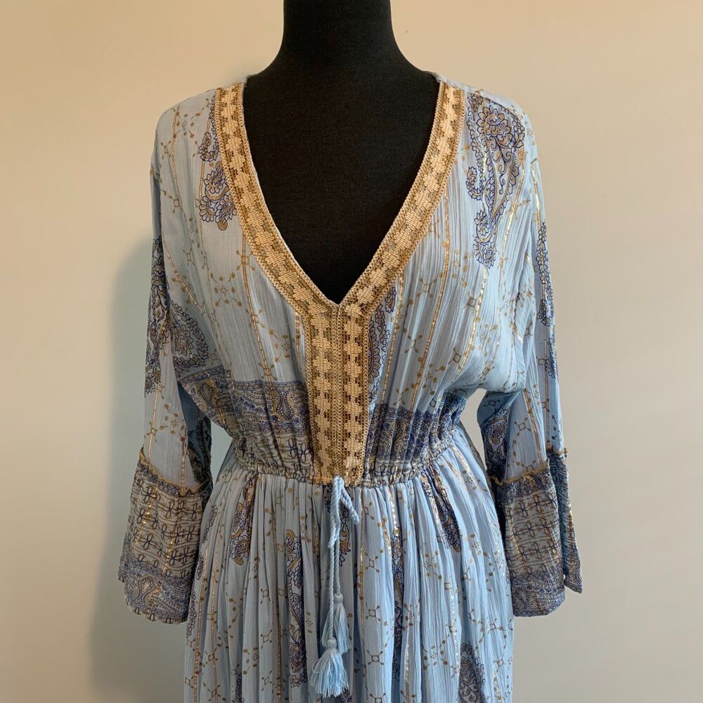 Refined Threads Blue Gold‎ Metallic Thread Boho Cottage Women's Maxi Dress 2X - Picture 3 of 8